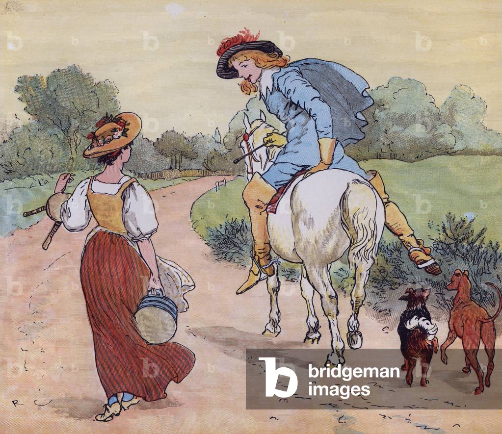 Dove stai andando, mia bella cameriera? Illustrazione di Randolph Caldecott per la filastrocca «La lattaia».