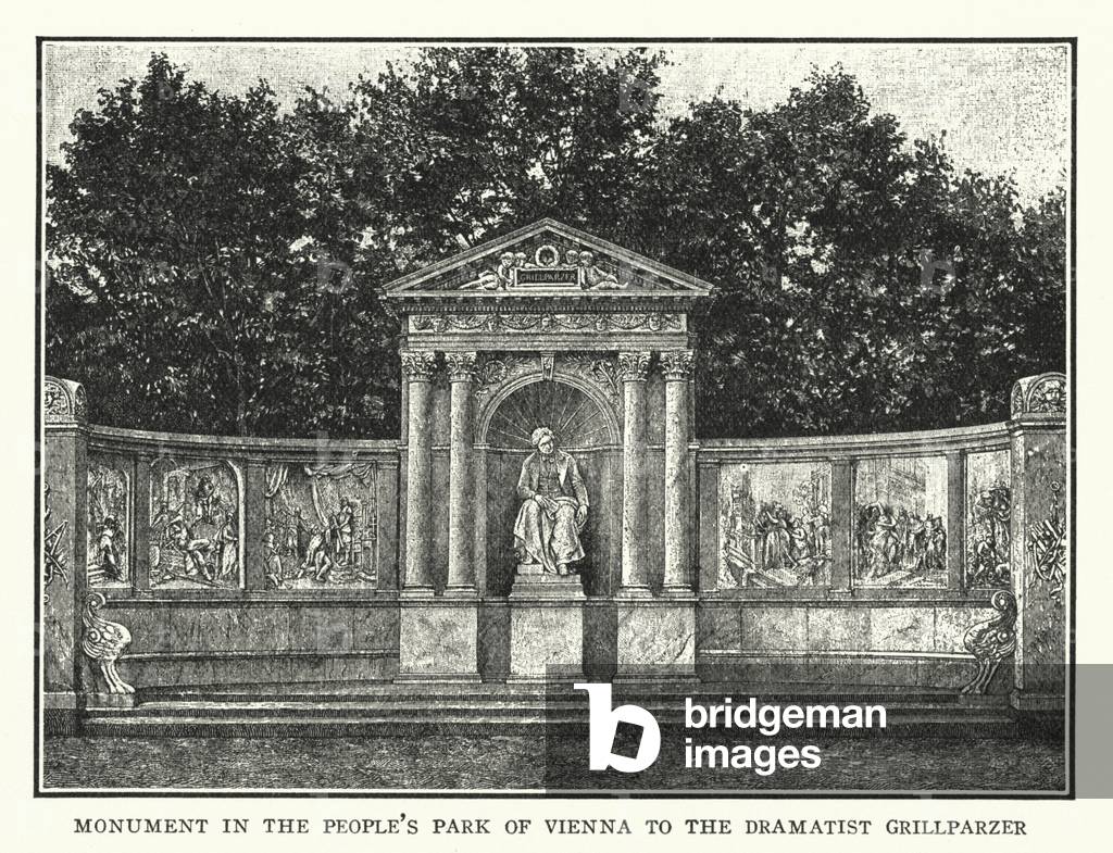 Bild von Druck "Denkmal im Volkspark von Wien für den Dramatiker Grillparzer (litho)" 1901 von American School