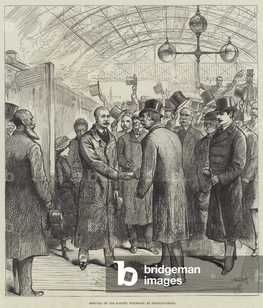 "Ankunft von Sir Garnet Wolseley bei Charing-Cross (Gravur)" 1882 von J.F. Weedon, b/w