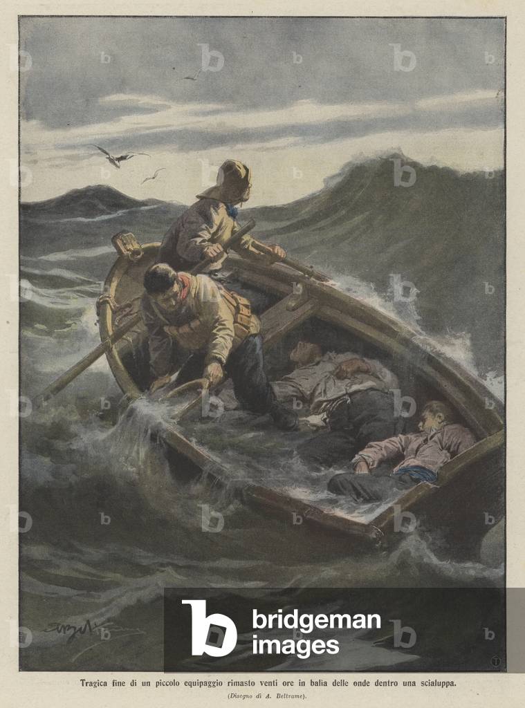 Tragica fine di un piccolo equipaggio rimasto venti ore in balia delle onde dentro una scialuppa (colour litho