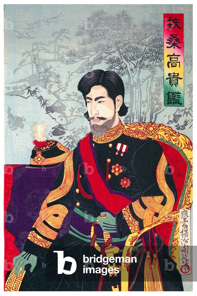 Immagine di Stampa "Trittico Imperatore Meiji" 1885 di Toyohara Chikanobu