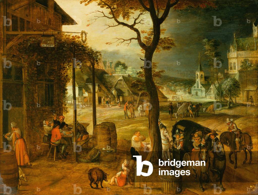 Bild von Gemälde "Dorf mit Reisenden" 1601 von Sebastian Vrancx