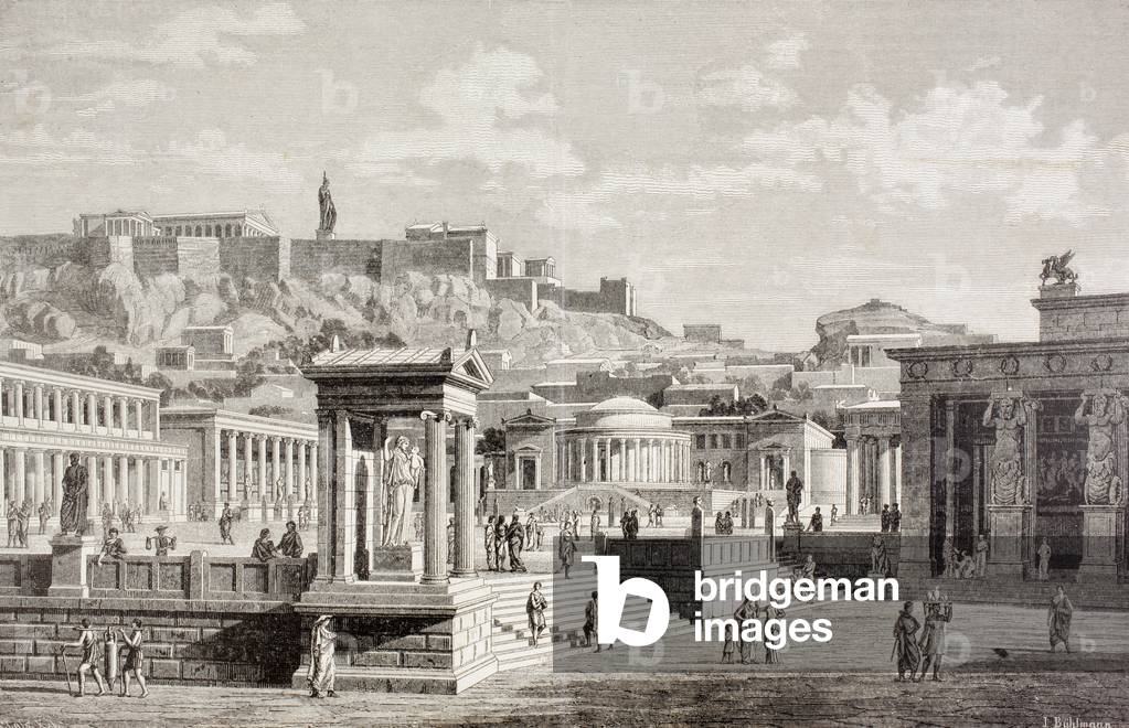 Imaginary view of the market place of Agora in Athens, ancient Greece, from 'El Mundo Ilustrado', published Ba