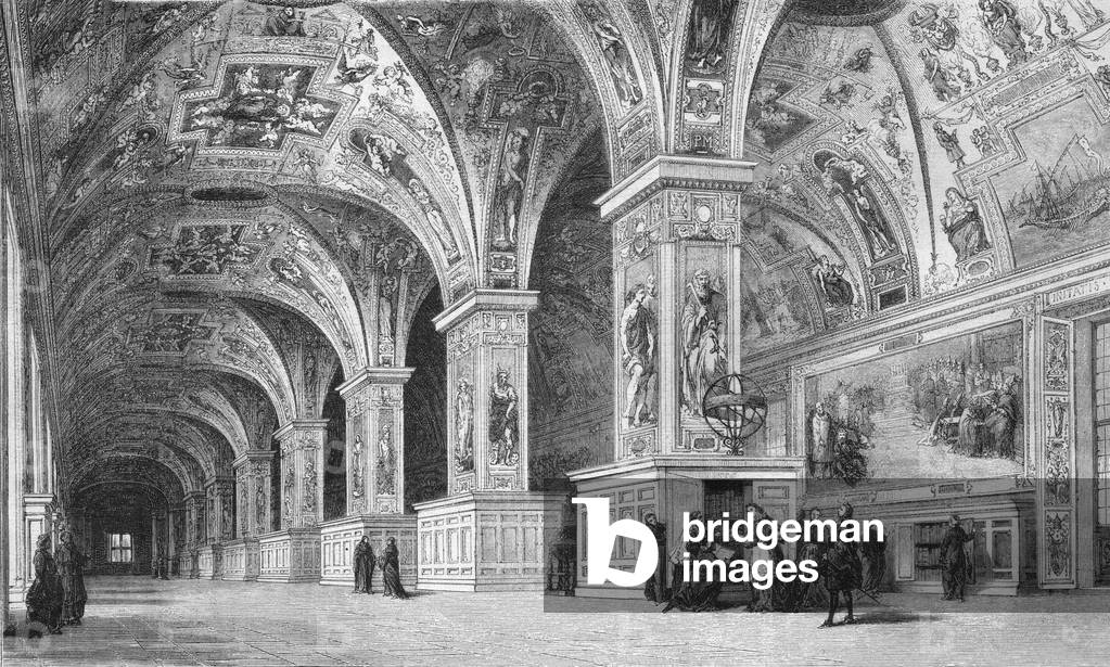 Veduta della biblioteca della città vaticana a Roma nel XVIII secolo, incisione del XIX secolo su disegno di F