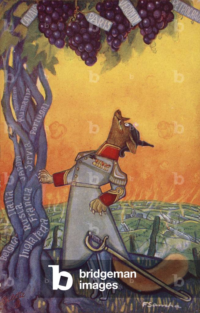 The fox and the grapes fable (colour litho)