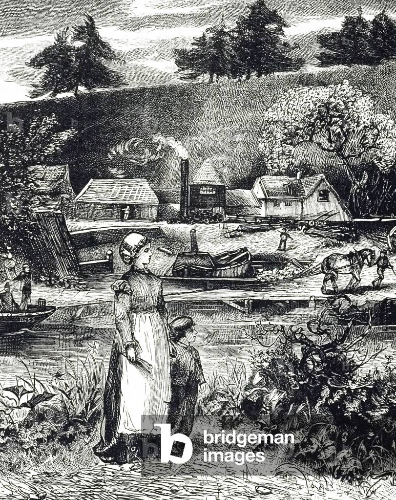 "Incisione raffigurante una fucina da un canale. Illustrato da Cecil Gordon Lawson (1849-1882) un pittore paes