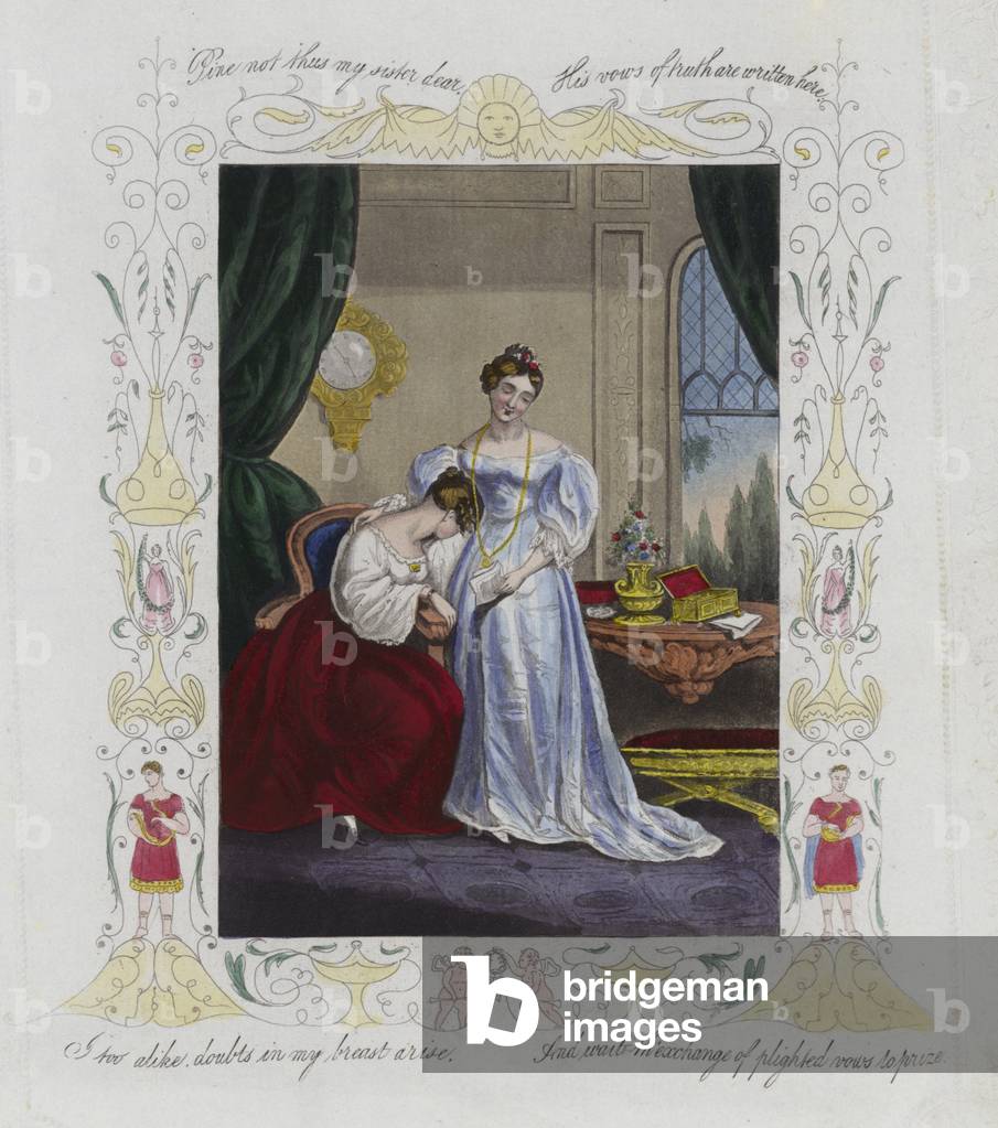 "Carta di San Valentino inglese con un'immagine di due donne (colore lito)" di English School