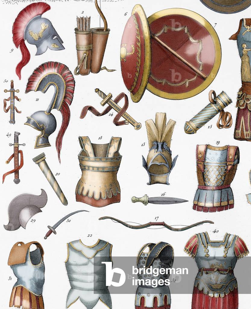 Roman army. Armors and weaponry. Colored engraving. 19th century.