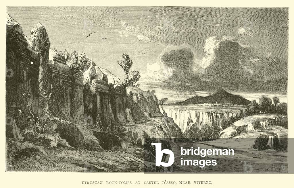 "etruskische Felsgräber auf Castel d'Asso" von English School, b/w
