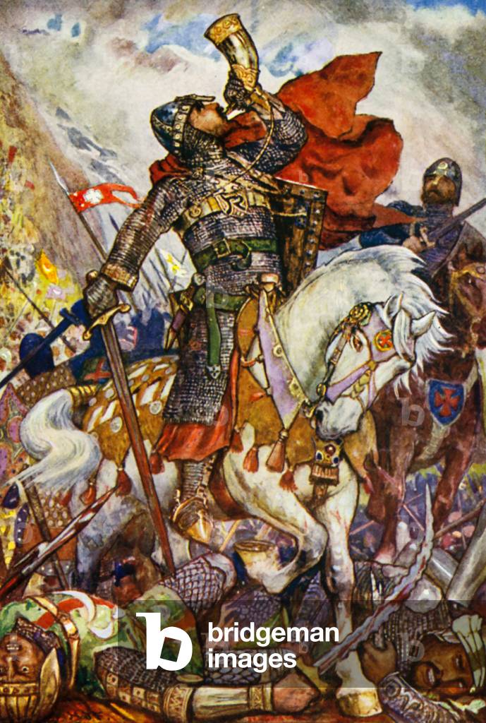 Roland blows his horn in the valley of Roncevaux (colour litho)