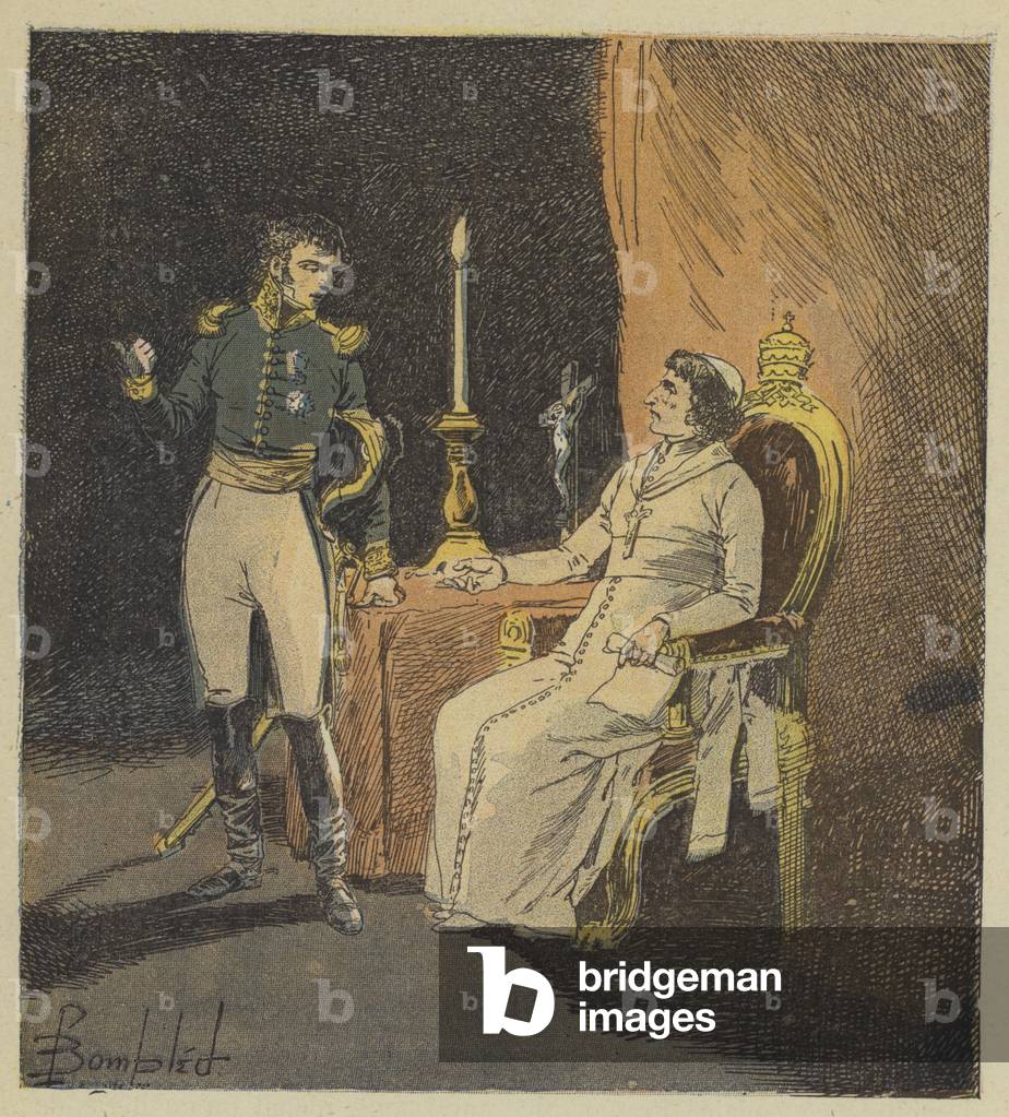 Arrestation du pape par le general Radet (colour litho) by Louis Charles Bombled, b/w