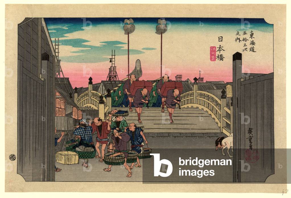 Nihonbashi, Ando [Between 1830 and 1858, Printed Later], 1 Print : Woodcut, Color., Print Shows Porters Carryi