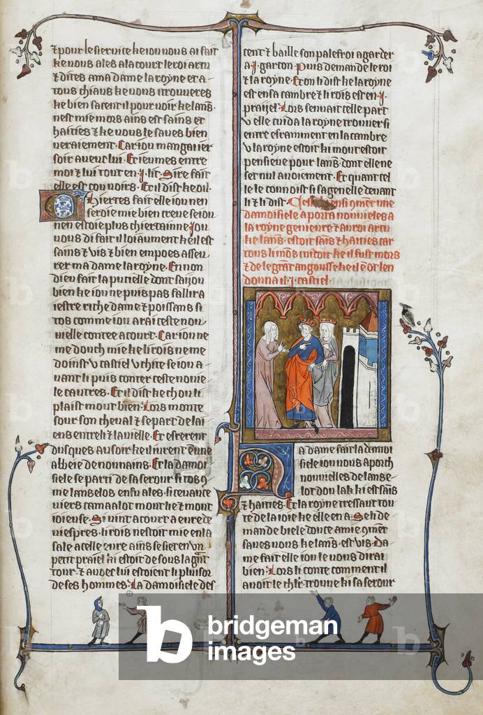 Miniatur einer Dame, die Arthur und Guinevere Nachrichten bringt.