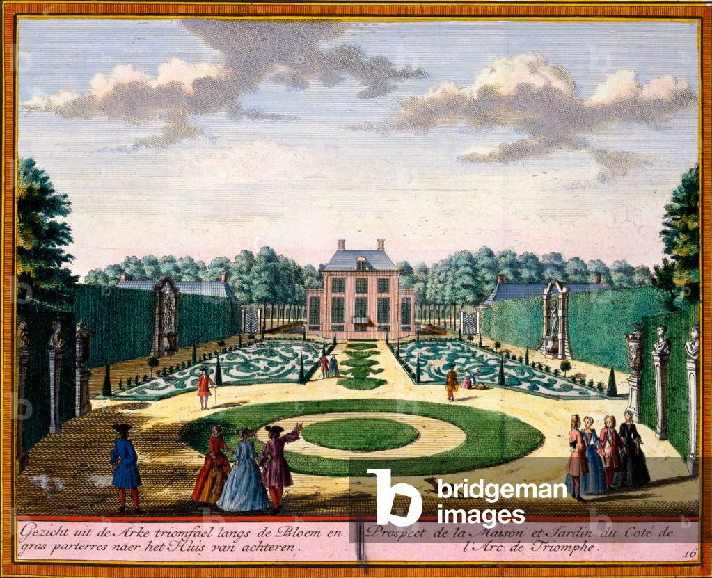 Veduta di casa e giardino vicino al arco trionfale, da 'Het Zeganpralent Kennemerlant 'di Hendrick de Leth e M