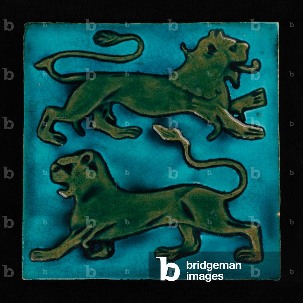 Piastrella con leoni araldici, facciata, 1888-1907 circa (terracotta, smaltata, modellata)