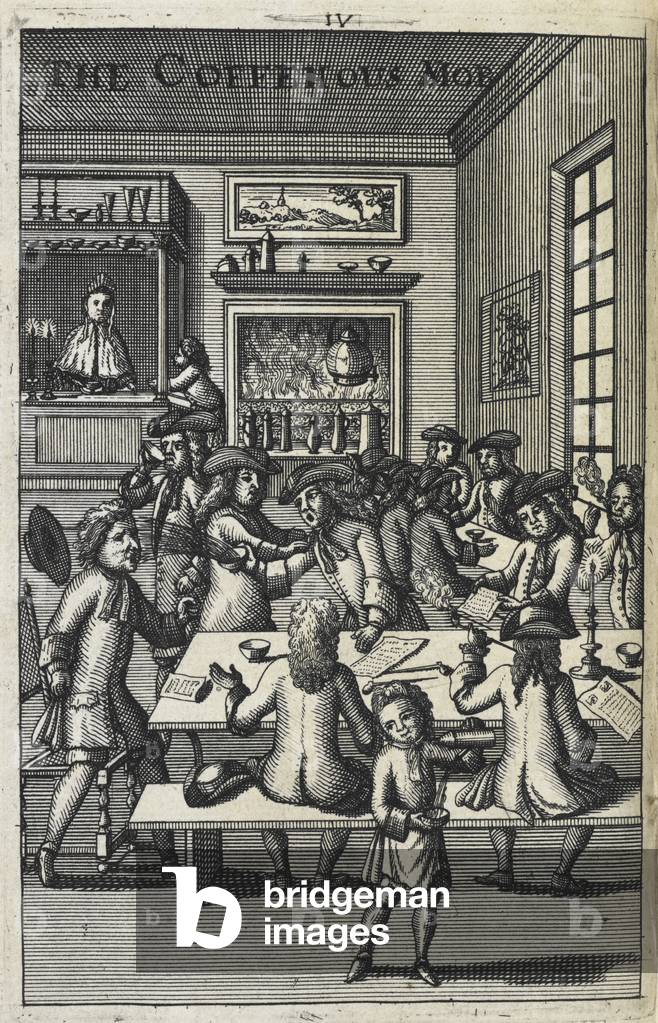 The coffeehous mob'. A large group of men in a coffee house.