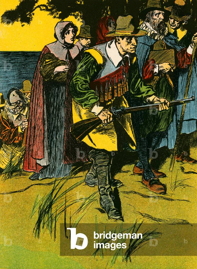 I Padri Pellegrini entrano nel Nuovo Mondo (litografia a colori)