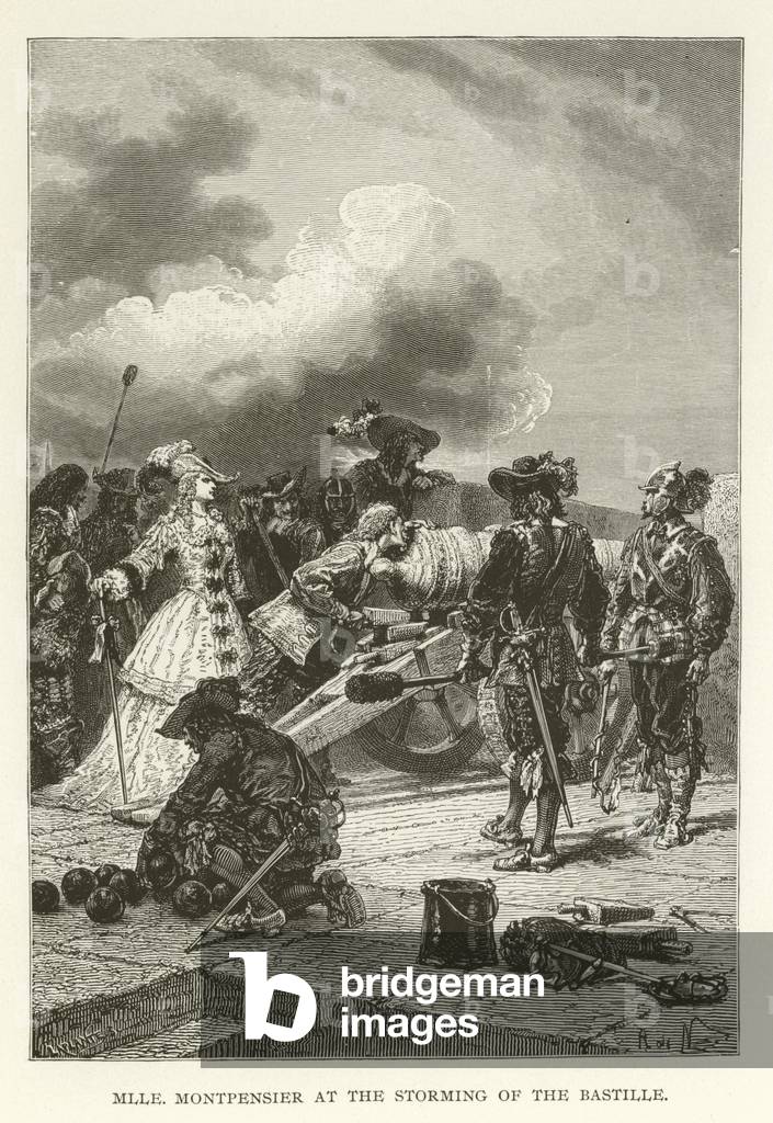 "Mademoiselle Montpensier al Storming della Bastiglia (incisione)" di American School, b/w