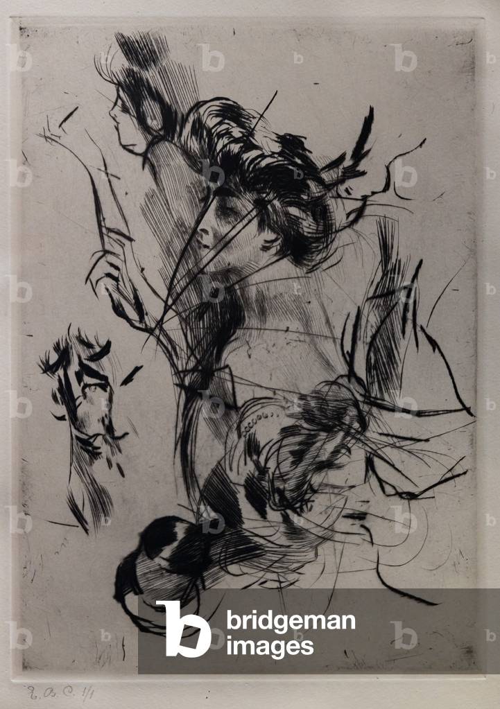 Bild von Gravur "Bildnis einer jungen Frau mit Figuren" 1880 von Giovanni Boldini