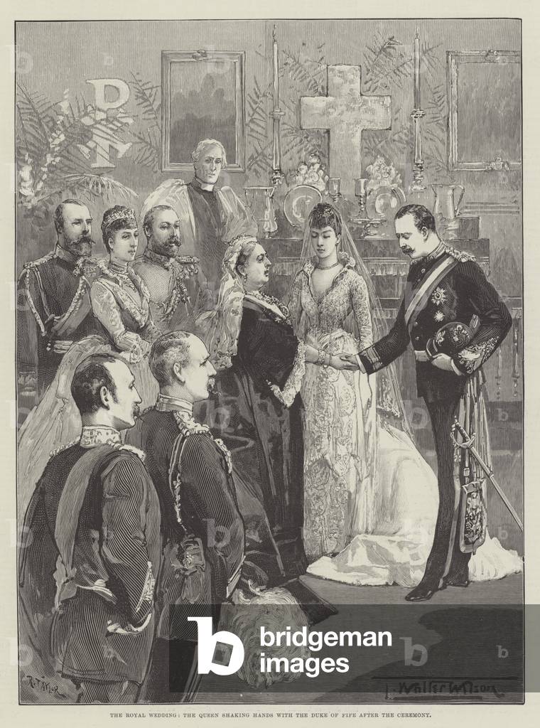 il reale matrimonio, la regina tremante mani con il duca di Fife dopo il Cerimonia (incisione)