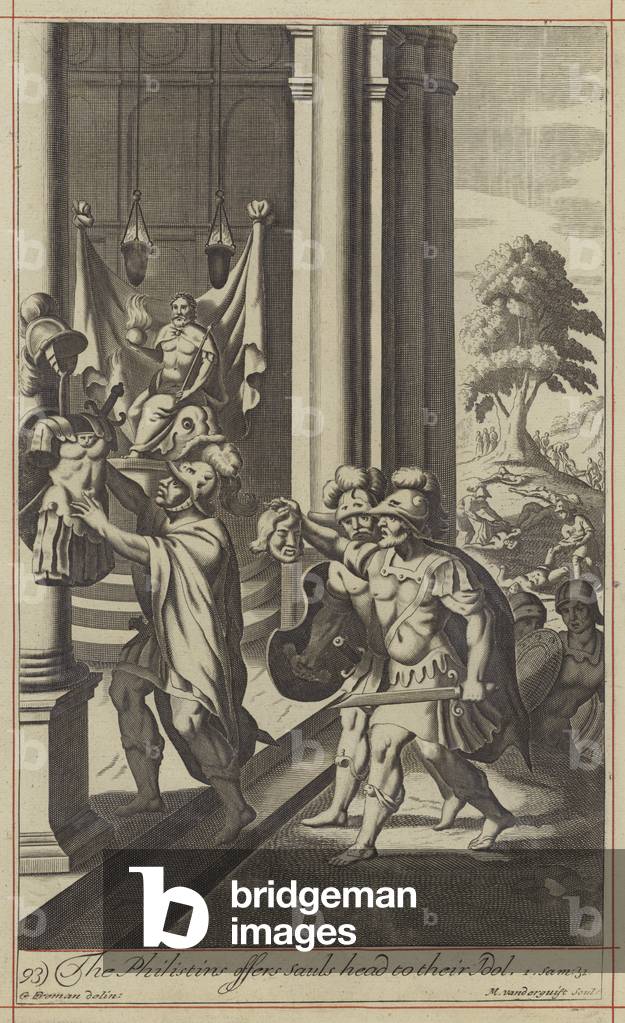 I Filistei offrono la testa di Saul al loro idolo (incisione)