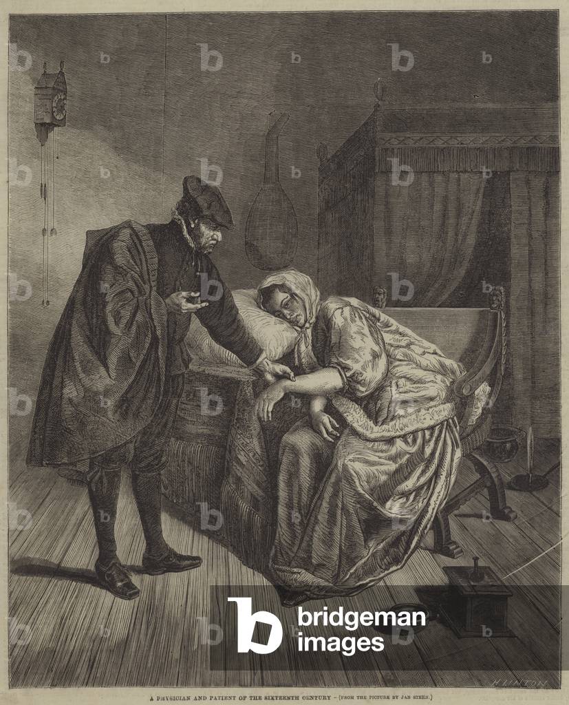 "Ein Arzt und Patient des sechzehnten Jahrhunderts (Gravur)" von Jan Havicksz Steen, b/w