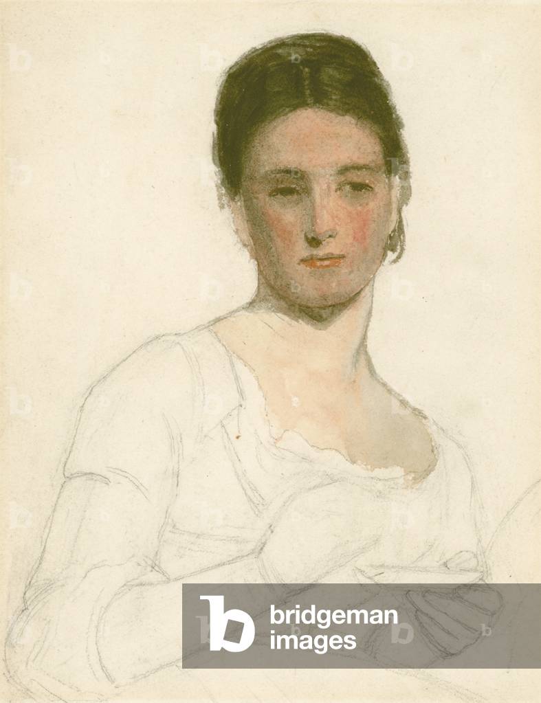 Schizzo di una giovane donna in possesso di una tazza e piattino, c. 1875 (matita & w/c su carta)