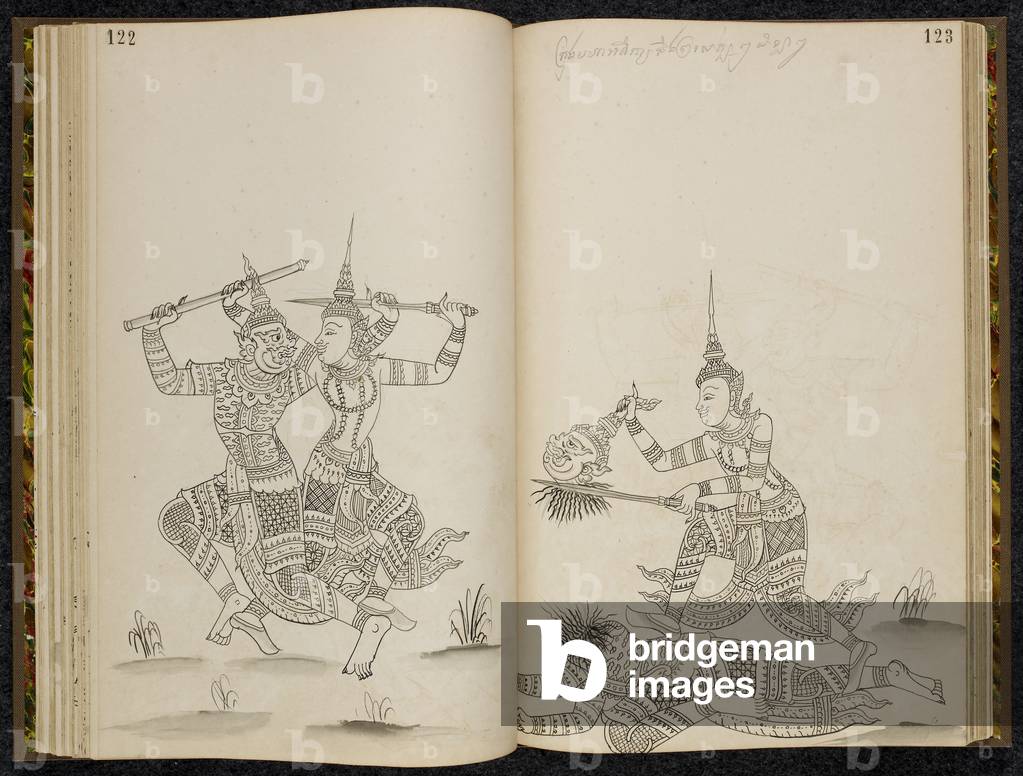Image of Drawing depicting Battle scene.Two figures fighting. A scene of decapitation 1880, b/w