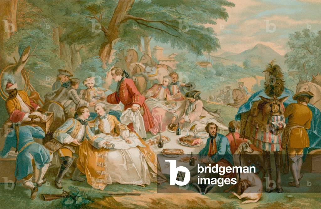 "Ein Shooting Party beim Mittagessen (chromolitho)" 1801 von French School