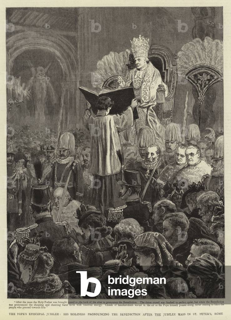 Das Bischofsjubiläum des Papstes, Seine Heiligkeit, die nach der Jubiläumsmesse in Peter's, Rom (Gravur) die B