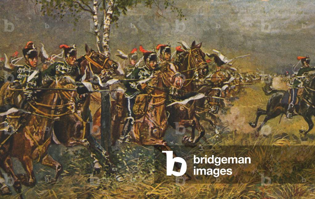 Cartolina storica con motivo di guerra, attacco alle truppe prussiane, Germania, 1890
