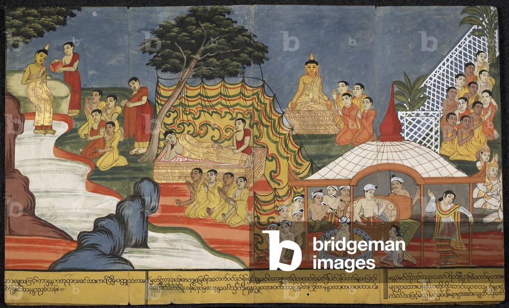 The Buddha bathes at the river Kakuttha (on the left); lies down (centre); and sends a message to Cunda (on ri