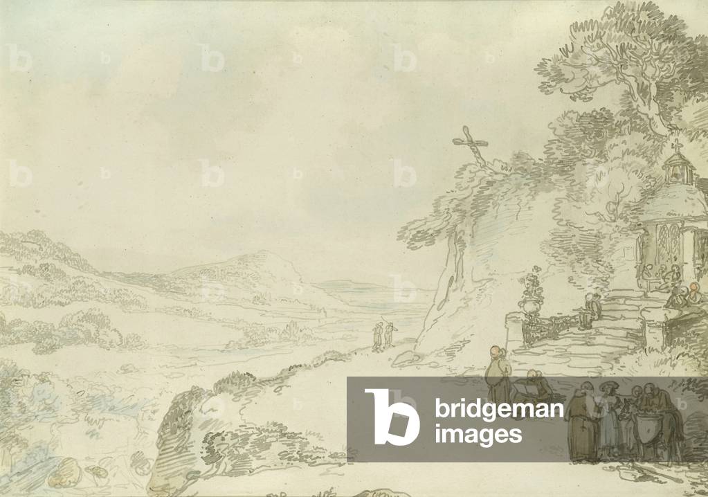 Bild von Zeichnung "Landschaft mit Mönchen (Stift & Tinte und waschen auf Papier)" von Thomas Rowlandson, b/w