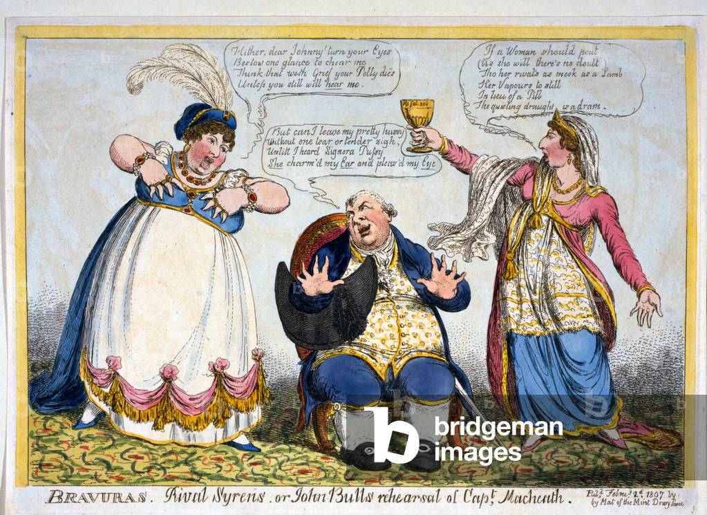 Bravuras, Rivalen Syrens oder John Bull Probe von Captain Macheath, Pub. 1807 (handkolorierte Gravur)