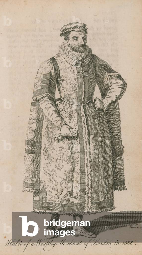 "Abitudine del ricco mercante di Londra nel 1588 (incisione)" di English School, b/w