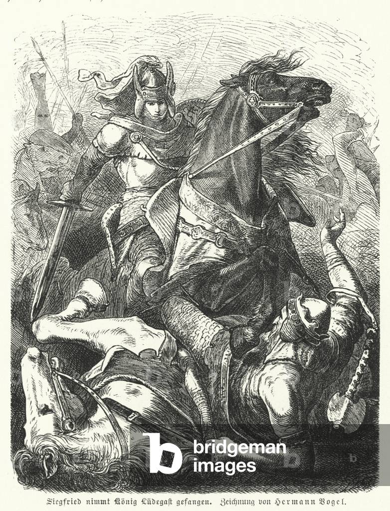 "Siegfried erobert König Ludegast (Gravur)" von Hermann Vogel, b/w