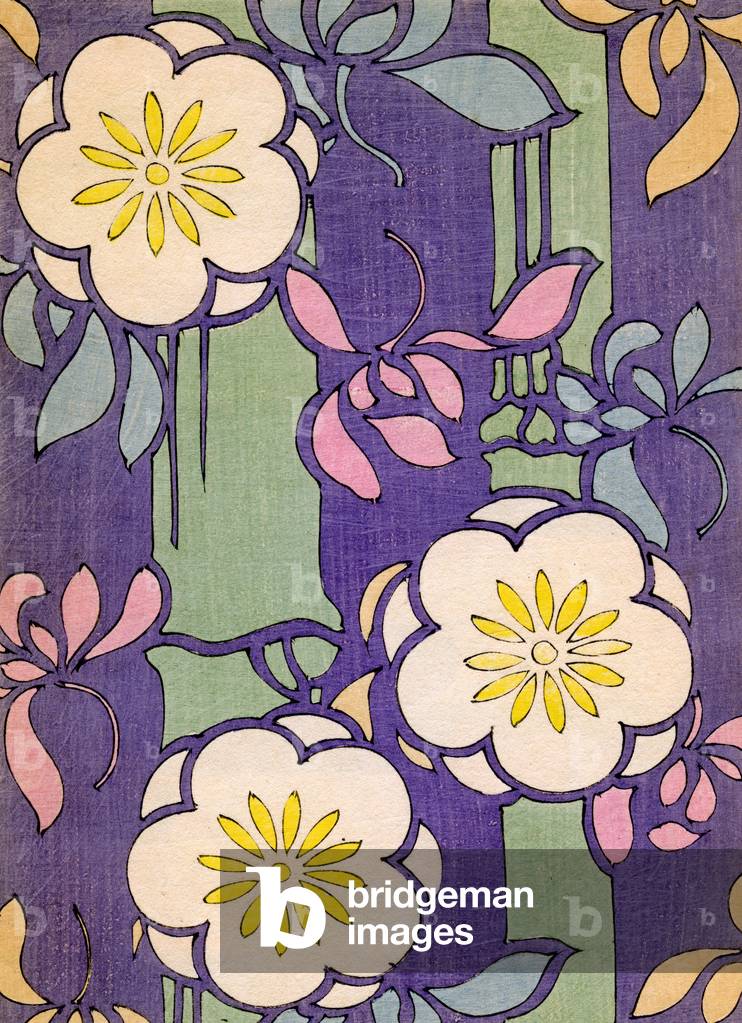 Illustration des fleurs sur fond de lavande et de vert, années 1880 (impression en bois couleur)