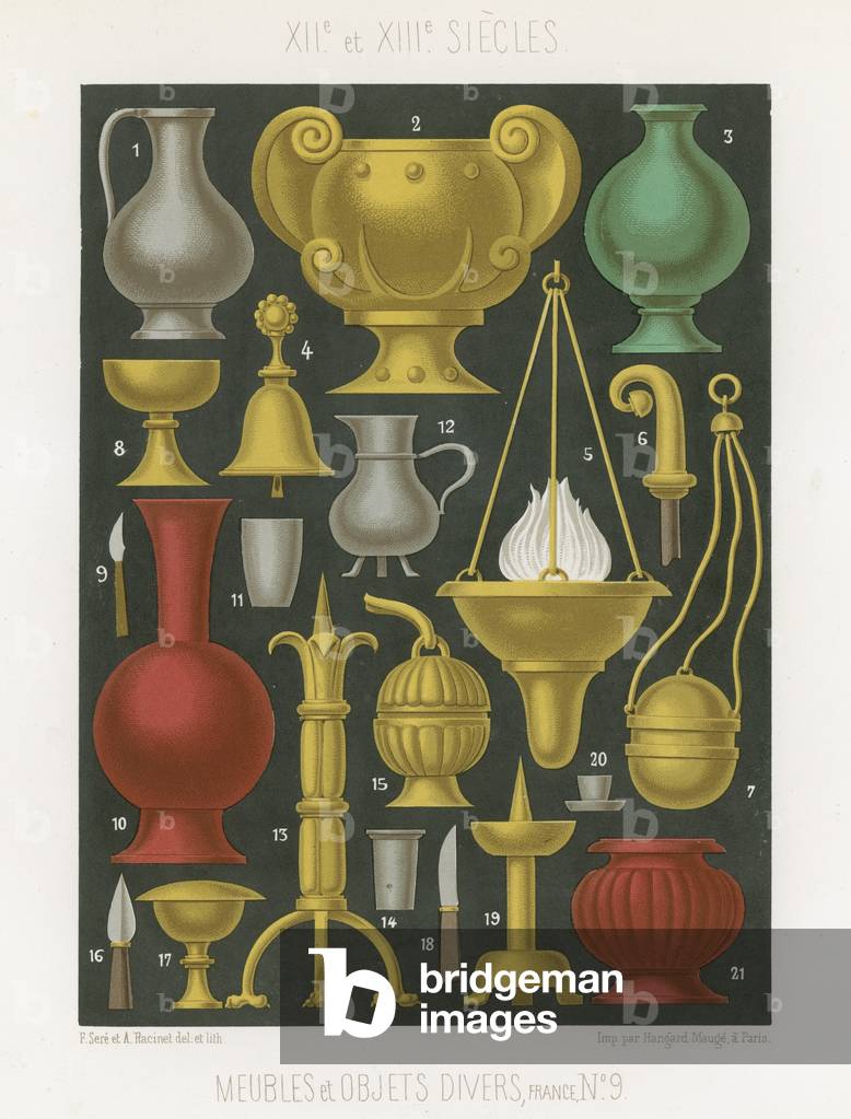 Möbel und verschiedene Objekte des 12. und 13. Jahrhunderts (chromolitho)