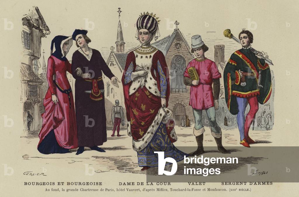 Immagine di Incisione "Costumi francesi del XIII secolo (incisione a colori)" 1801 di French School