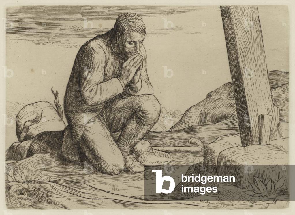 "Il progresso del pellegrino di Bunyan: Christian perde il suo fardello (incisione)" di William Strang, b/w