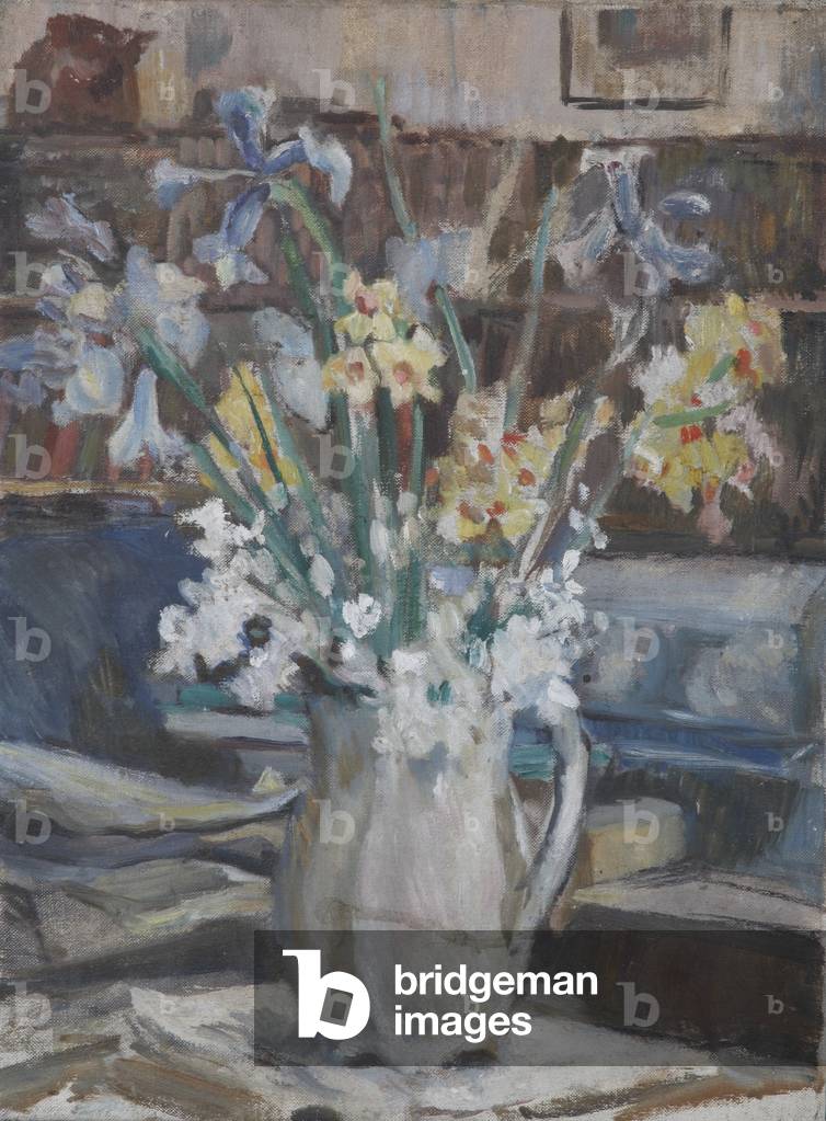 Un vaso di narcisi e Iris blu (olio su tavola)