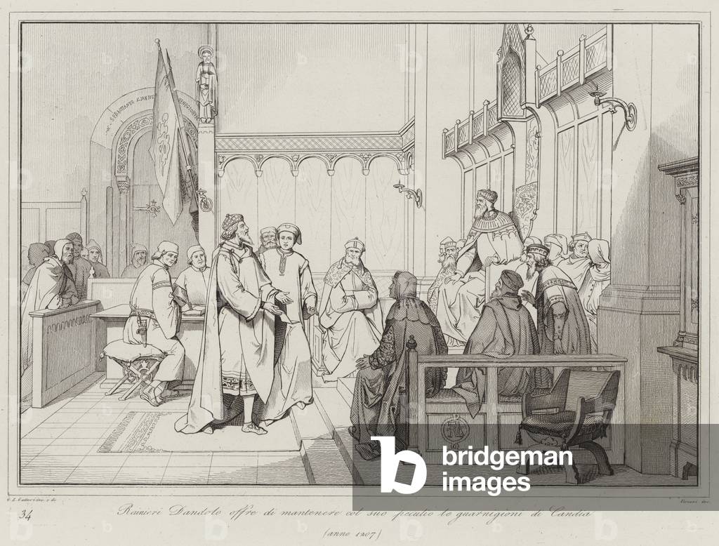 Rainieri Dandolo offre di mantenere col suo peculio le guarnigioni di Candia, 1207 (Gravur)