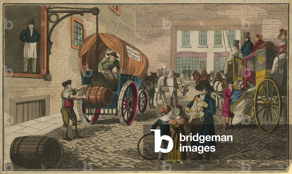 Vista generale delle persone su una strada (incisione colorata)