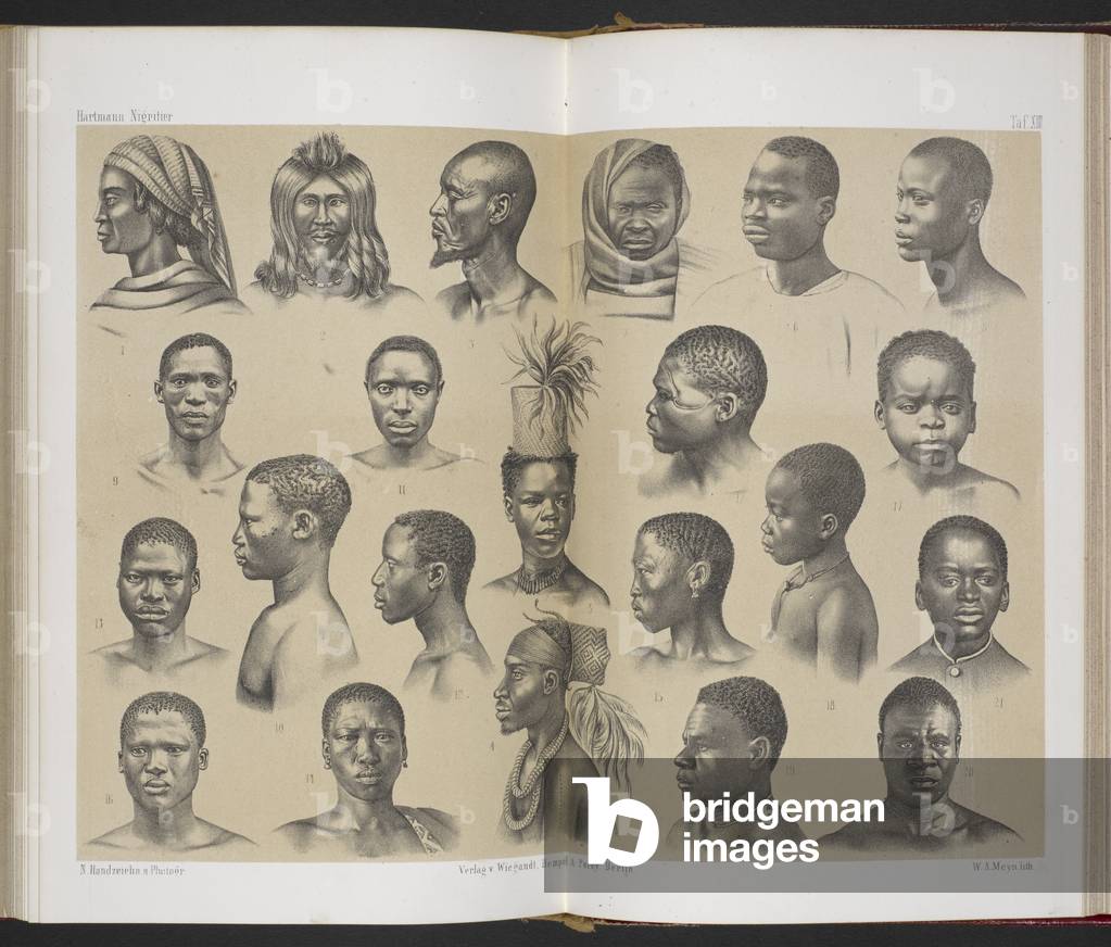 Un'illustrazione che mostra persone di varie nazionalità tra cui Abissino, Somalia, Ottentot e Bushman