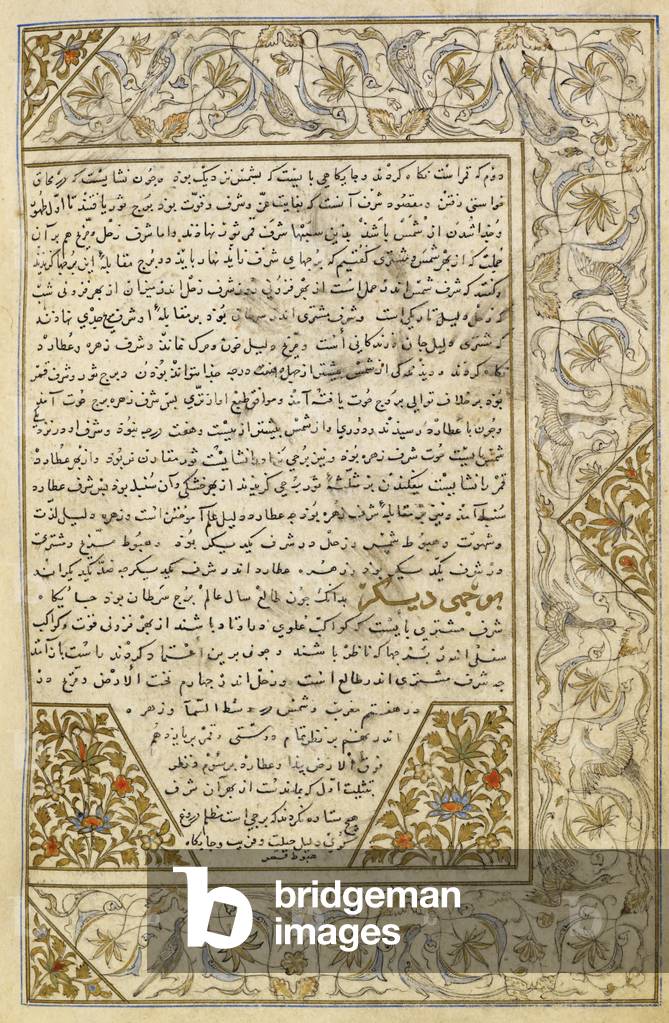 "Pagina di testo con disegni marginali di fiori e uccelli tratti da un trattato di astrologia"