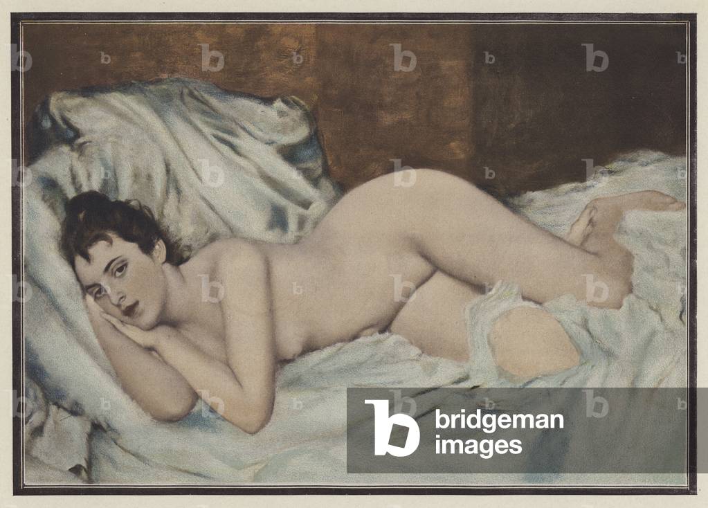 Nude woman on a bed (colour litho)