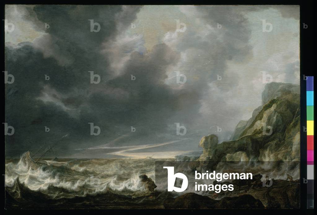 nave in pericolo via un roccioso costa, c. 1645 (olio su legno)