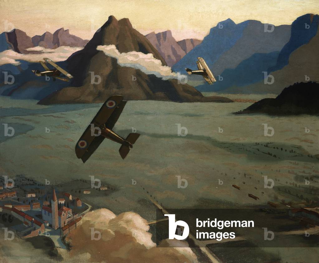 Bild von Gemälde "Britische Pfadfinder verlassen ihren Flugplatz auf Patrol" 1918 von Sydney Carline