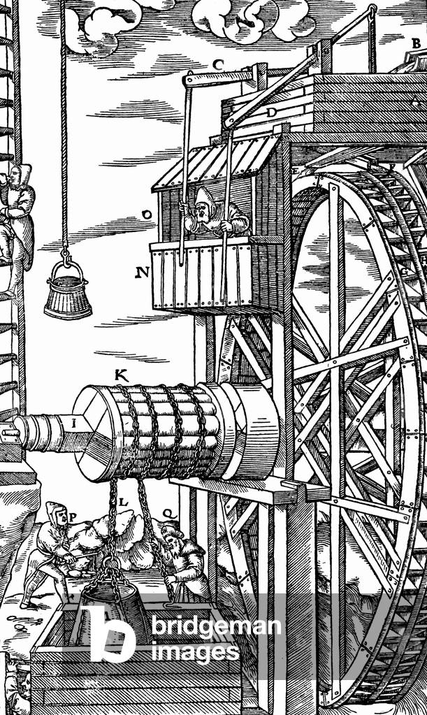 Immagine di Incisione "Paranco reversibile per sollevare i secchi di cuoio dal pozzo della miniera", b/w