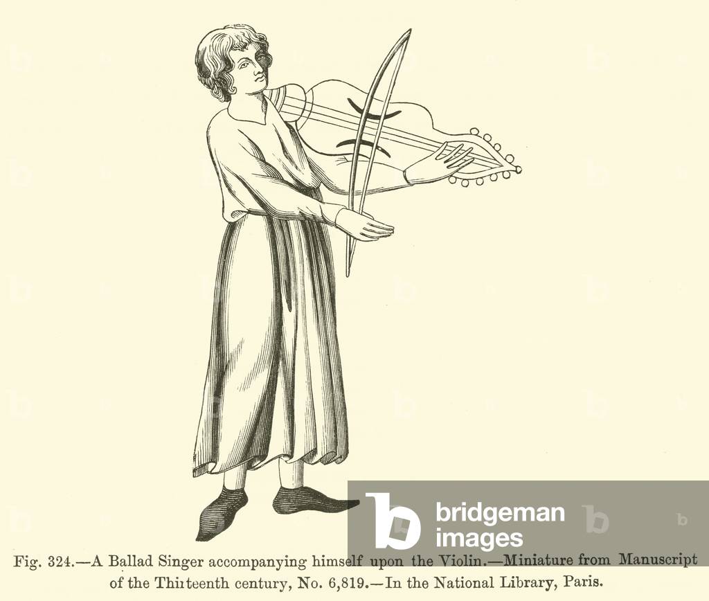 Bild von Gravur "Ein Balladensänger begleitet sich auf der Violine (Gravur)" 1878 von French School, b/w